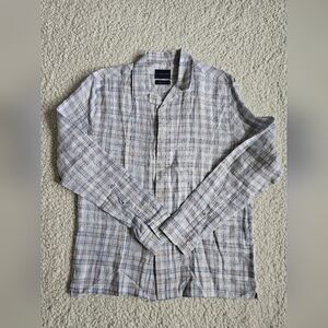 Stitch Note European Linen Button up Mens S Long Sleeve Camp Shirt Window Plaid